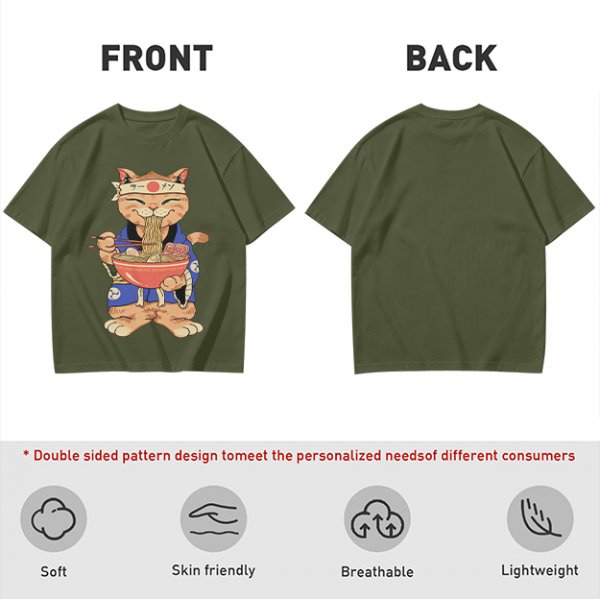 Olive T-Shirt Featuring a Cat in a Headband Eating Ramen