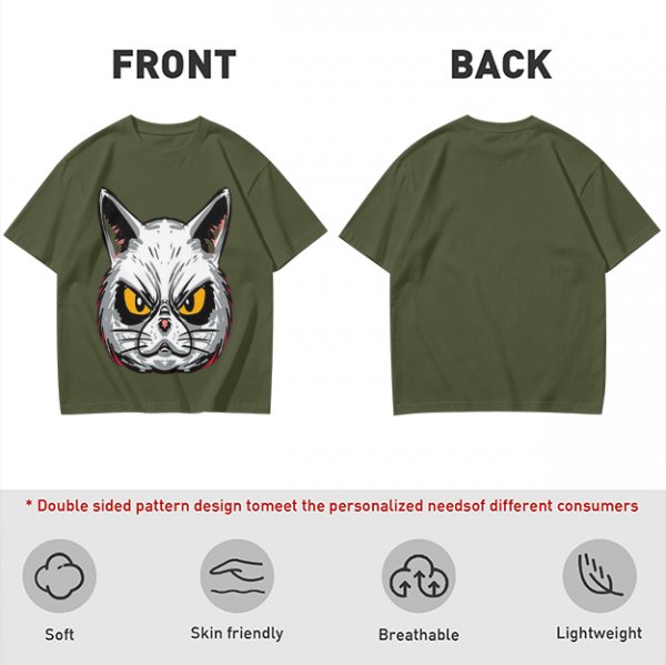 Olive T-Shirt With Angry White Cat Face Graphic