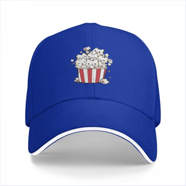 Black baseball cap with cute cat popcorn bucket graphic