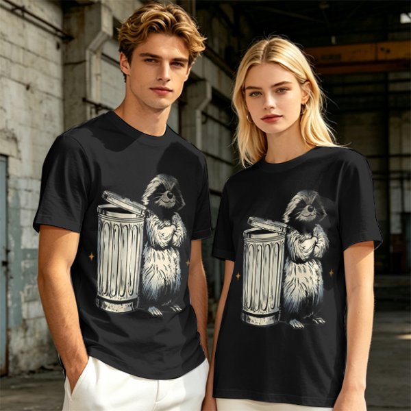 Olive Green T-Shirt With Raccoon Standing Next To Trash Can Graphic