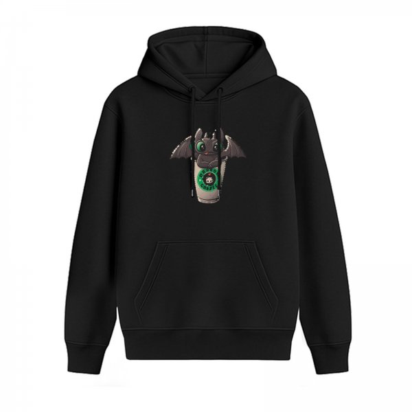 Black hoodie with cute dragon coffee cup graphic
