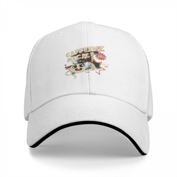 Black baseball cap with caffeine kick cartoon coffee mug graphic