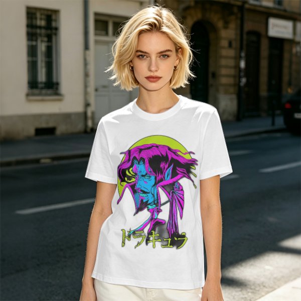 Olive t-shirt with neon vampire Dracula graphic and Japanese text