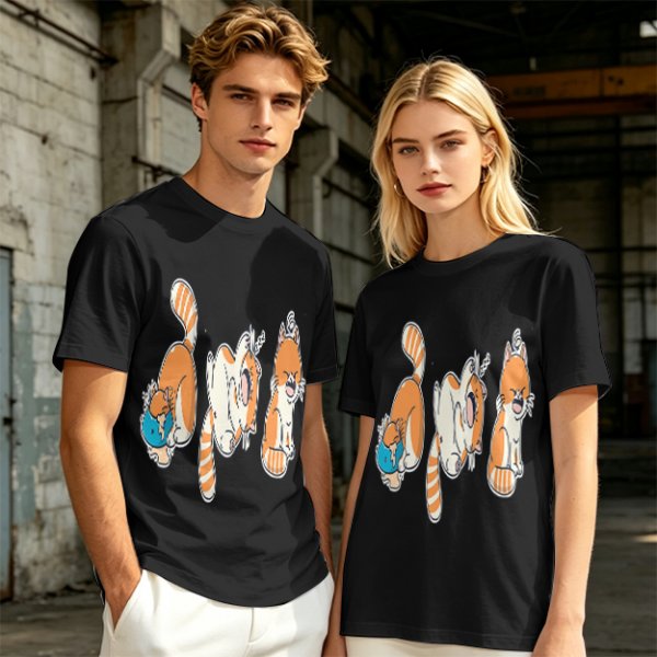 Olive T-Shirt With Playful Orange Cat Illustrations