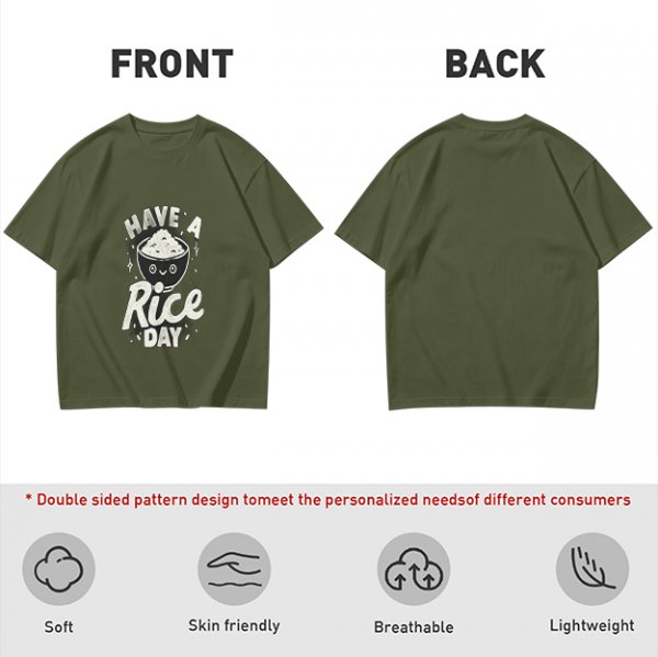Olive t-shirt with 'Have a Rice Day' and cute rice bowl graphic