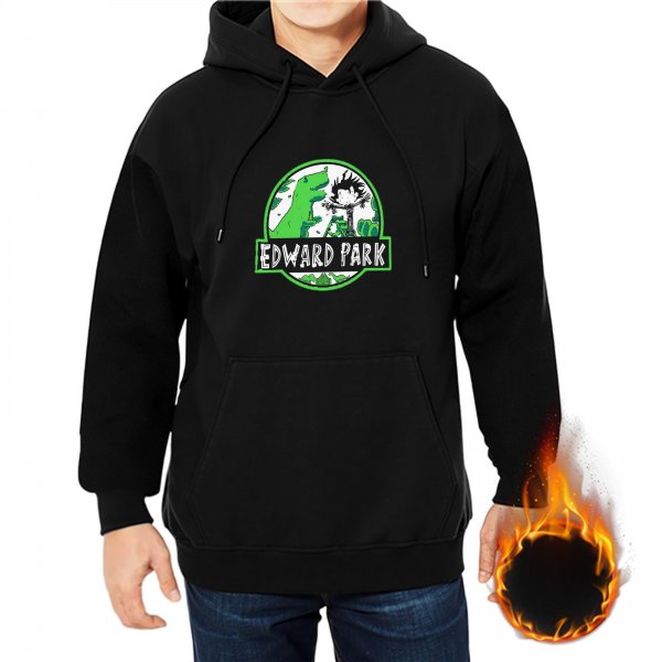 Black hoodie with Edward Park dinosaur logo graphic