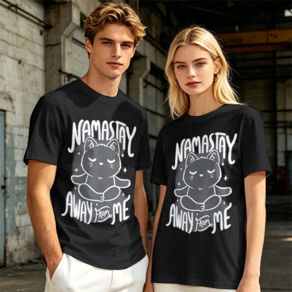 Olive green t-shirt with meditating cat and 'namastay away from me' print