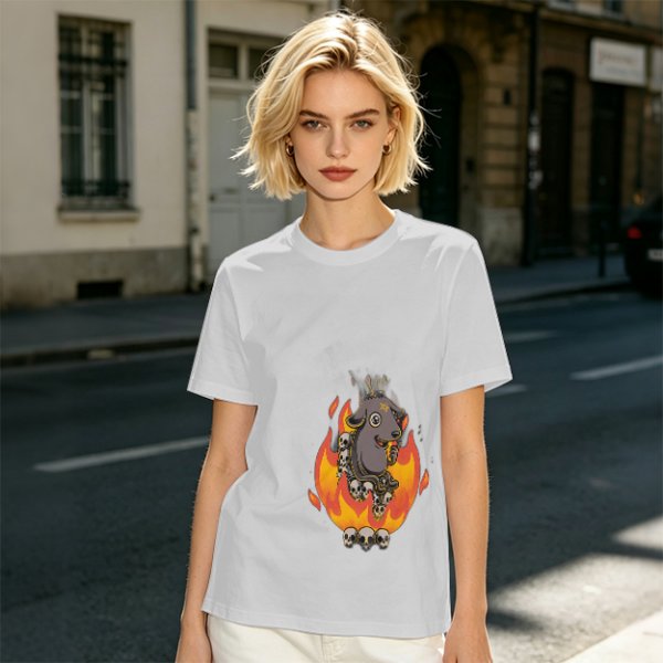 Olive T-Shirt With Cartoon Goat On Flames And Skulls Print