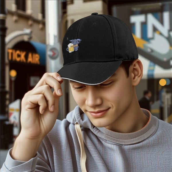 Black baseball cap with cute blue monster holding a foamy beer mug
