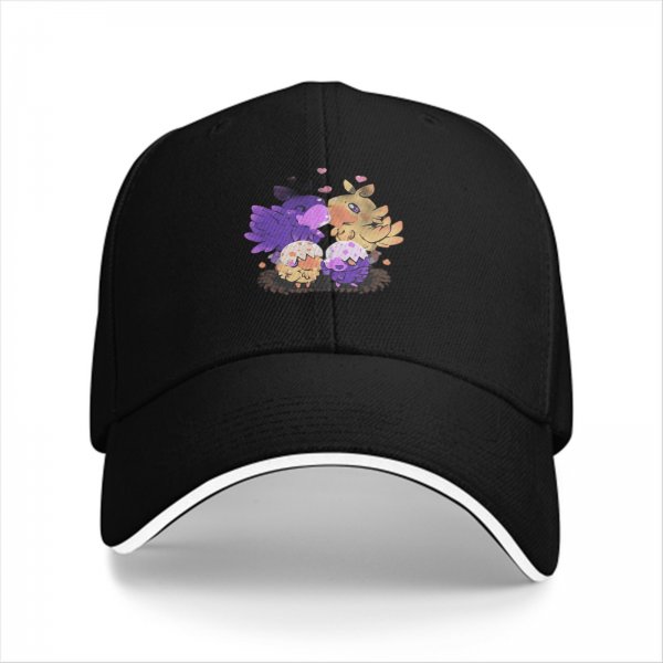 Black baseball cap with cute fantasy bird family illustration
