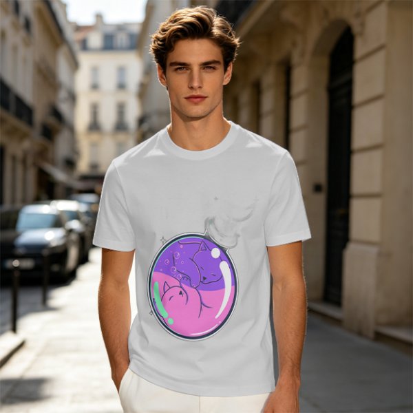 Olive T-shirt with Sleeping Cats in Colorful Bubble Graphic
