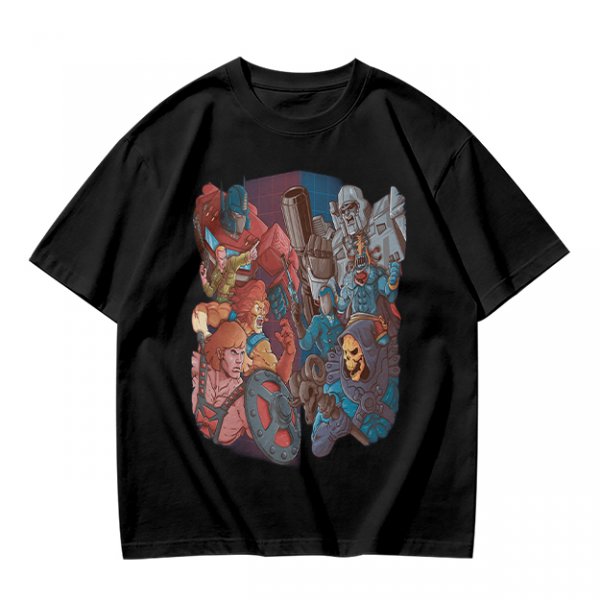 Olive T-shirt with 80s cartoon character crossover graphic
