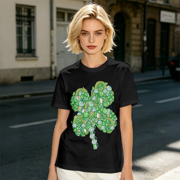 Olive Green T-Shirt With St. Patrick's Day Four-Leaf Clover Art