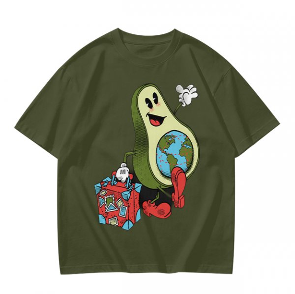 Olive T-Shirt with Cartoon Avocado Globe Travel Print