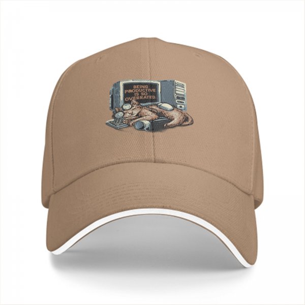Black Baseball Cap With 'Being Productive Is So Overrated' Cat Computer Art