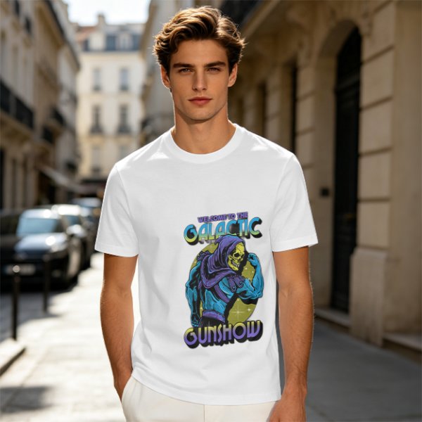 Olive T-shirt with Galactic Gunshow Skeleton Graphic Print