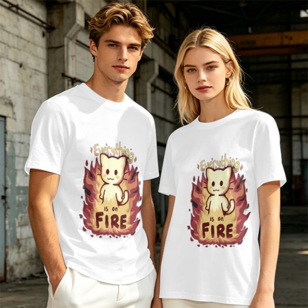 Olive Graphic T-Shirt With Everything Is On Fire Cat Design