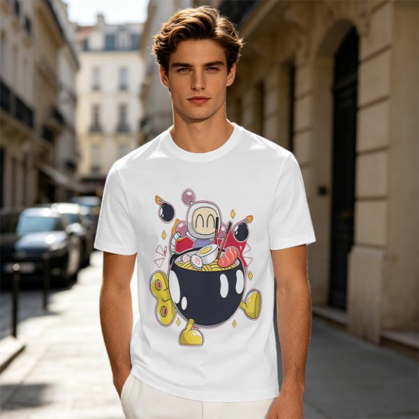 Olive T-shirt with Bomberman Character Eating Ramen Print