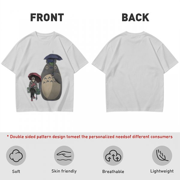 Olive T-shirt with Totoro and masked figure under umbrellas print