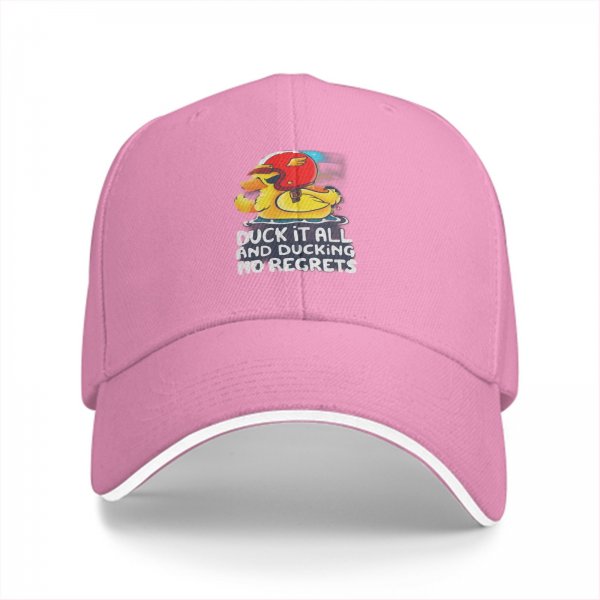 Black baseball cap with funny duck graphic and 'duck it all no regrets' text