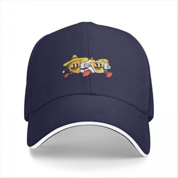 Black baseball cap with retro taco and beer cartoon graphic