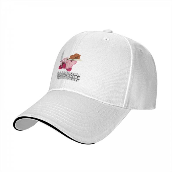 Black baseball cap with Kirby holding cake and knife, text 'Calm Down I'm Only Here For The Cake'