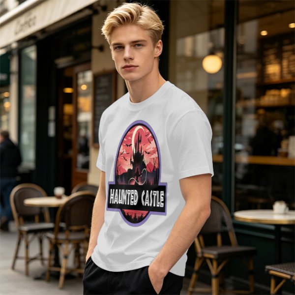 Olive T-Shirt with Haunted Castle Silhouette Graphic Design