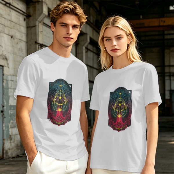 Olive Green T-Shirt With Colorful Mystical Geometric Tree Print