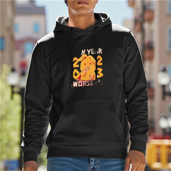 Black hoodie with 2023 New Year bunny graphic print
