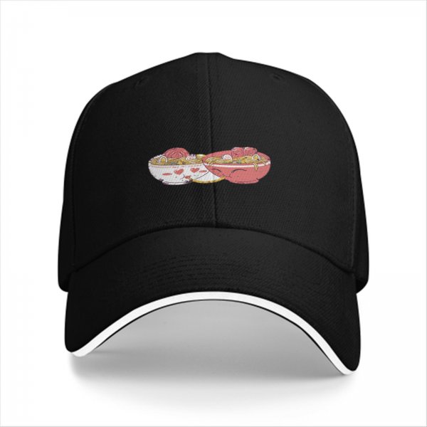 Black baseball cap with two decorative ramen bowl prints