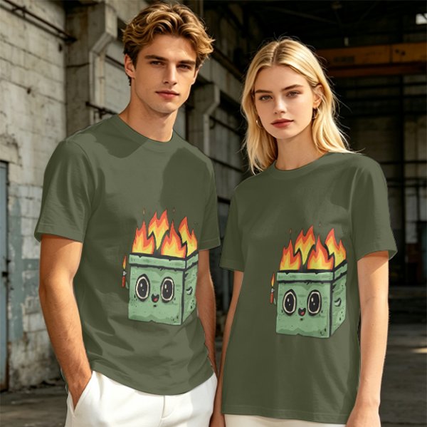 Olive green t-shirt with a cartoon burning box graphic
