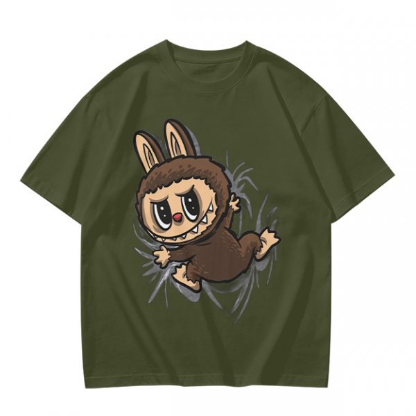 Olive Green T-Shirt With Playful Monster Bunny Graphic Print