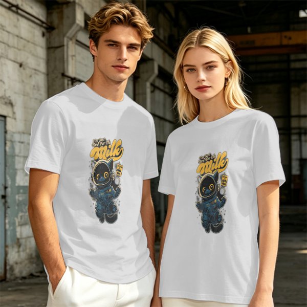Olive T-shirt with Astronaut Cat 'I'm Just Here For The Milk' Print