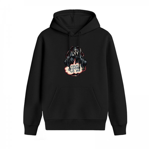 Black hoodie with Ghostface 'Talk Spooky To Me' horror print