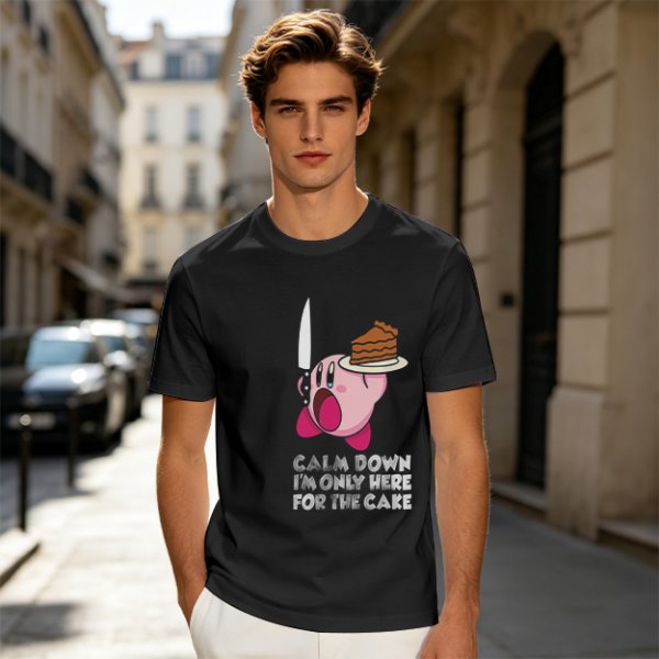Olive t-shirt with Kirby holding knife and cake, text Calm Down I'm Only Here For The Cake