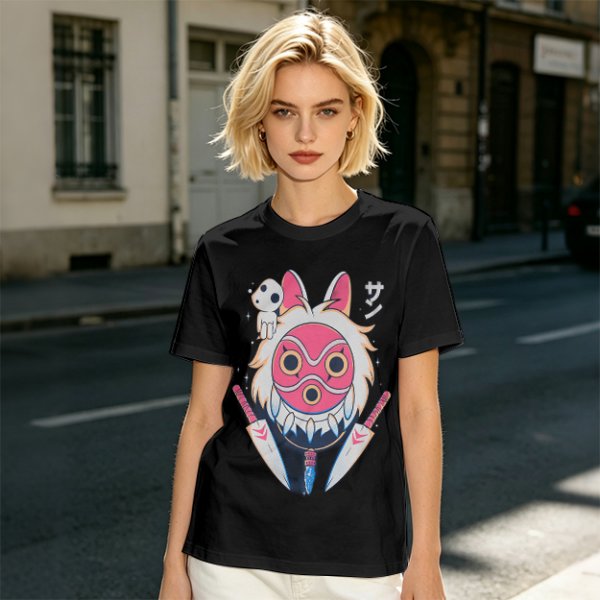 Olive T-Shirt with Princess Mononoke Mask and Kodama Print