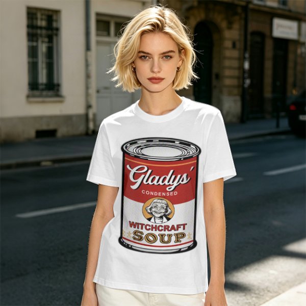 Olive T-Shirt With Gladys' Witchcraft Soup Can Graphic