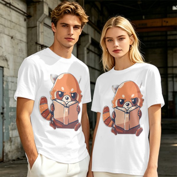 Olive T-Shirt with Cute Red Panda Reading Book Graphic