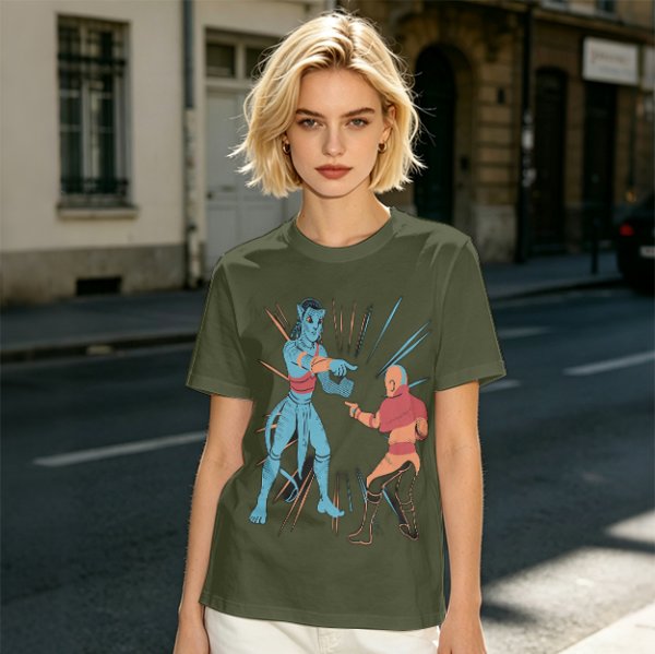 Olive T-shirt with Avatar Na'vi and Aang Pointing Meme Art