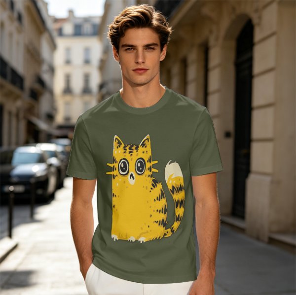 Olive Green T-Shirt With Cute Surprised Yellow Tabby Cat Graphic