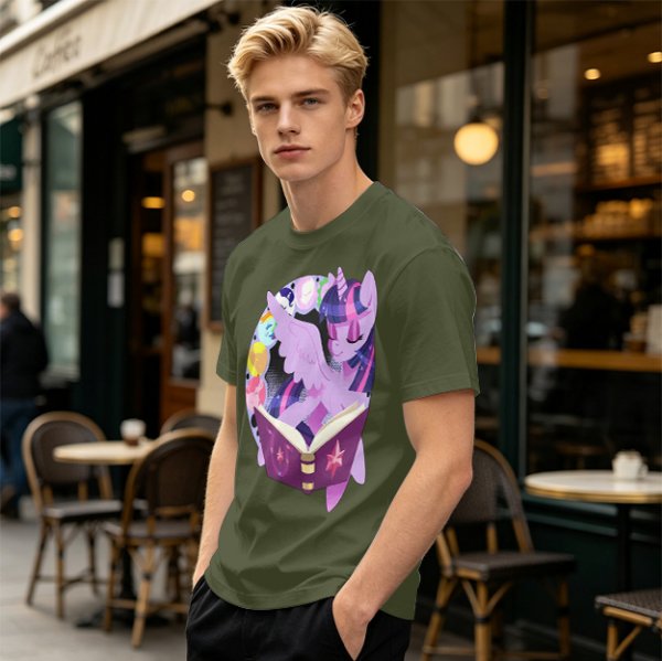 Olive T-shirt with Twilight Sparkle reading a magical book