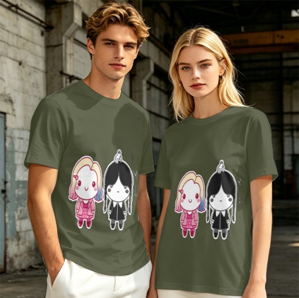 Olive T-Shirt with Chibi Wednesday Addams and Enid Sinclair Print