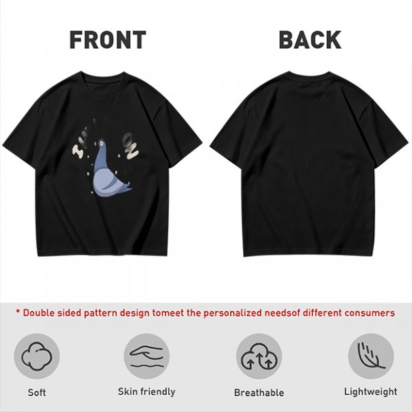 Olive green graphic t-shirt with cartoon pigeon print