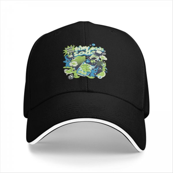 Black baseball cap with tiny drinks soda and alien graphic print