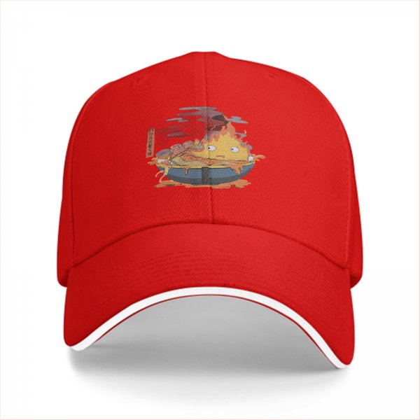 Black baseball cap with anime fire demon ramen bowl graphic