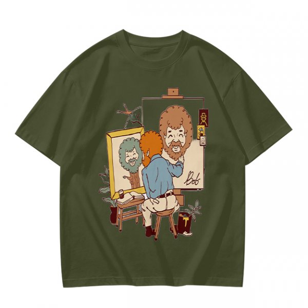 Olive Green T-Shirt With Cartoon Artist Painting Self Portrait Artwork