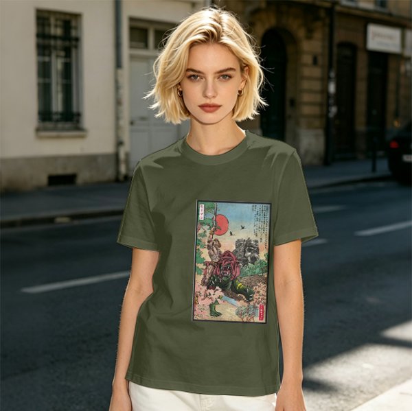 Olive T-shirt with ukiyo-e style fantasy creature graphic print
