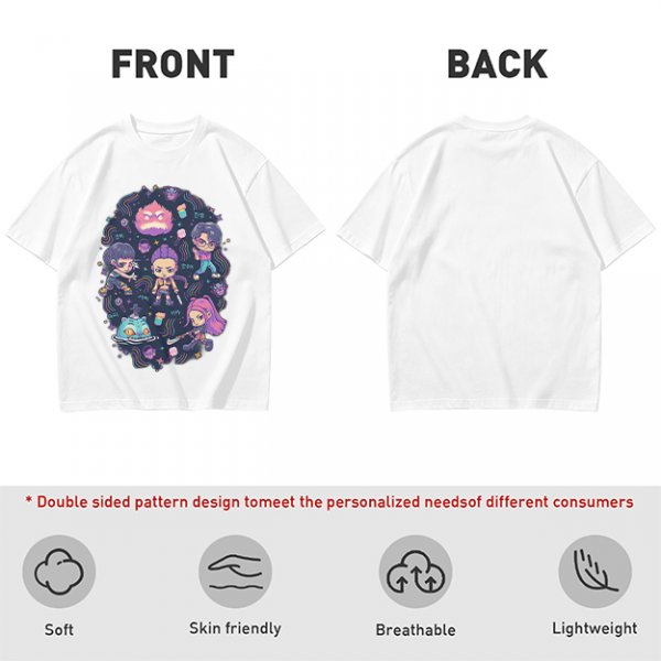 Olive T-shirt with Chibi Fantasy Characters and Whimsical Art Print