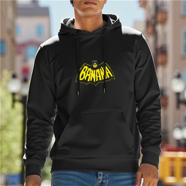Black hoodie with banana bat logo graphic