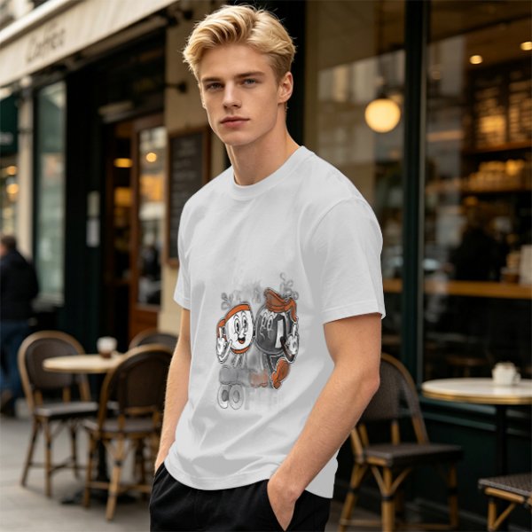 Olive T-Shirt with Retro Cartoon Coffee Cup Characters Graphic